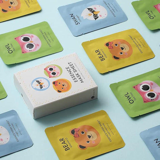 E5 Animal Print Sheet Mask (Bear, Owl, Swan) 12 pcs