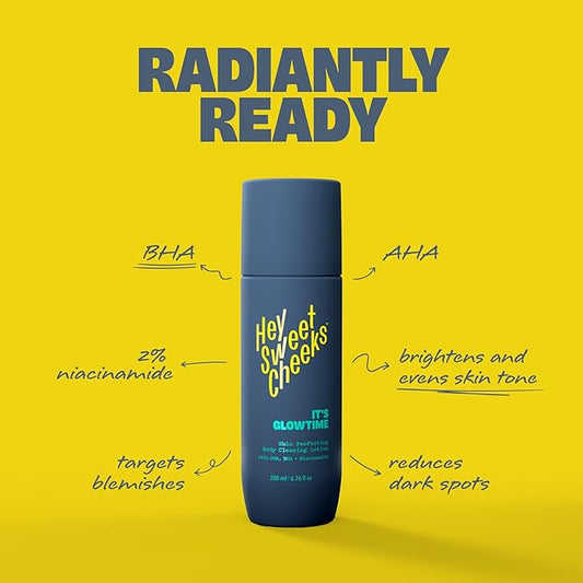 Skin Perfecting Body Blemish Treatment Lotion, AHA & BHA Glycolic Acid Body Lotion for Butt Blemish, Dark Spots, and Radiant Glow, It's Glowtime by Hey Sweet Cheeks, 6.76 oz