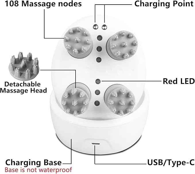 Electric Head Massager Waterproof,with 4 Detachable Massage Heads,Wireless Portable Red Light Care Handheld Massager,4 Massage Modes Stress Relax for Scalp,Suitable The Whole Body and Pets