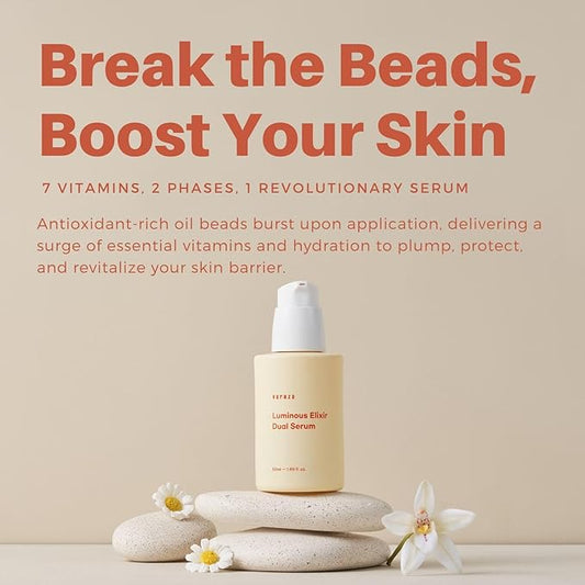 Luminous Elixir Dual Serum Vita 7 Complex 5% Vitamin K3 Face Serum Hyaluronic Acid & CoQ10 Sea buckthorn oil Pullulan Hydrating & Skin Barrier Repair Anti-Redness Vegan Korean Skincare 50ml