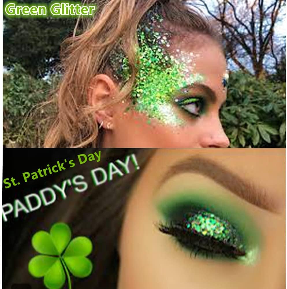 Go Ho Green Face Body Glitter,St Patricks Day Face Glitter Makeup,Green Face Paint Holographic Chunky Sequins Glitters for Eye Lip Hair Nails,Festival Rave Accessories,52g