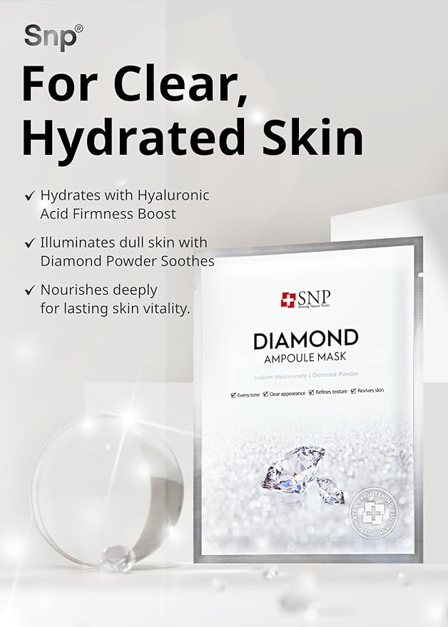 SNP [K Beauty Diamond Ampoule Sheet Mask | Tightening, Hydrating, and Nourishing with Real Diamonds for All Oily Skin Types | Korean Face Mask Skincare | Facial Moisturizing | 10 Sheets