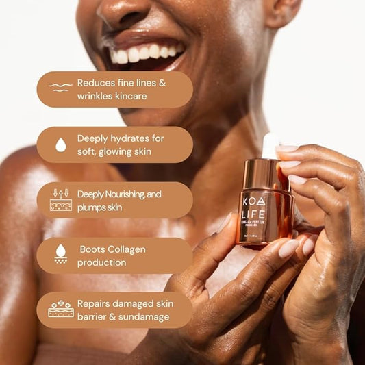 KOA Life GHK Peptide Daily Ultra-Hydrating, Anti-Aging Facial Oil. In a metallic copper glass dropper bottle and metallic copper outer cylinder carton