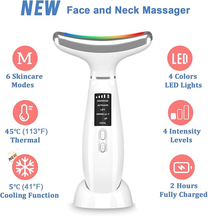 MASIKE Neck Face Beauty Device, Multifunctional Portable Facial Massager, 4 Color Led Face Neck Massager for Skin Care