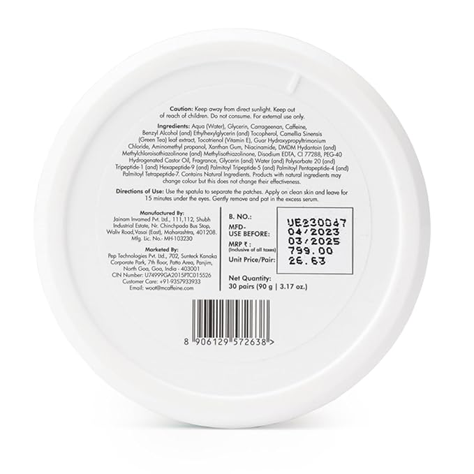 mCaffeine Green Tea Hydrogel Under Eye Patches for Dark Circle, Fine Lines & Wrinkles Reduction | Cooling Under Eye Patch Mask for Instant De-Puffing | 30 Pairs