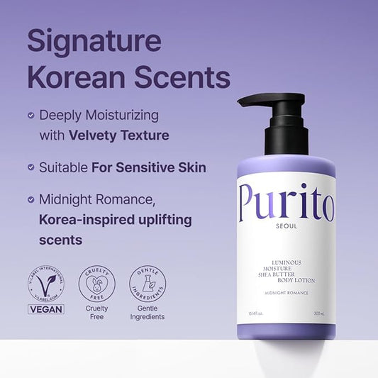 PURITO Luminous Moisture Shea Butter Body Lotion, Shea Butter, Gentle on Skin, Moisturizing, Dry Skin, Pump Bottle, K-Beauty, 300ml / 10.14 fl. oz. (Midnight Romance, 10.14 fl. oz.)