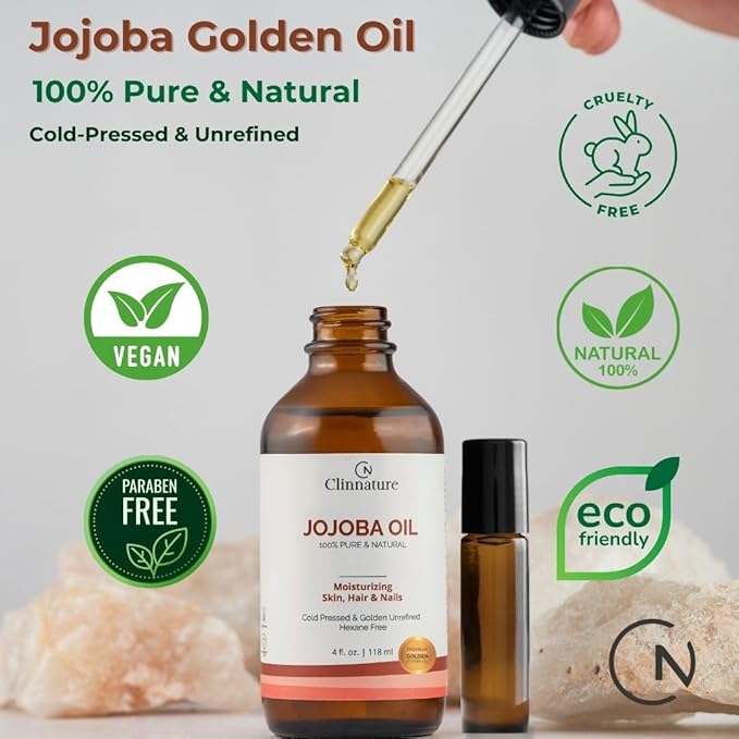 Jojoba Golden Oil – 100% Pure & Cold Pressed for Hair, Nails & Skin | Jojoba Oil with Vitamin E for Moisturizing & Repair | Face & Body Oil with Dropper & Roller Applicator