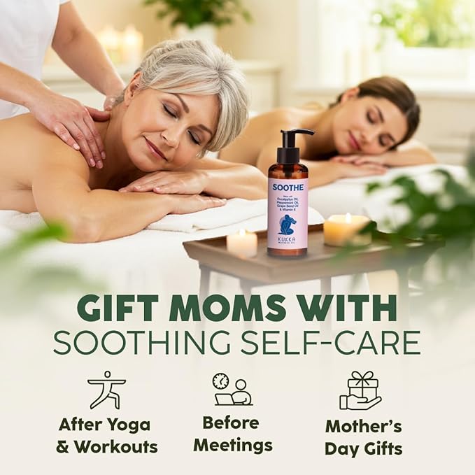 Kukka Soothe Massage Oil for Therapy - 6.76 Fl Oz - 100% Pure Natural - Eucalyptus, Peppermint & Vitamin E - Sore Muscle for Body Muscle Relaxing Calming, Soothing Massage Oil