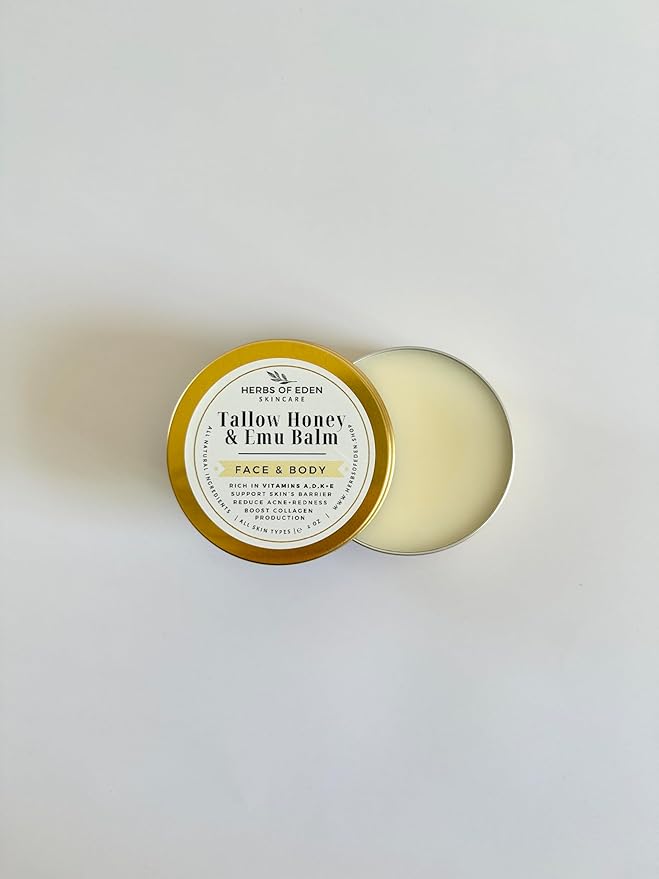 Organic Tallow Honey Emu Oil Balm Grass Fed Handmade Moisturizing Tallow For Face and Body for Eczema Rosacea Rashes All Ages All Skin Types Healing Hand Balm | Made in USA