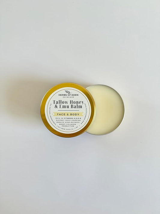 Organic Tallow Honey Emu Oil Balm Grass Fed Handmade Moisturizing Tallow For Face and Body for Eczema Rosacea Rashes All Ages All Skin Types Healing Hand Balm | Made in USA