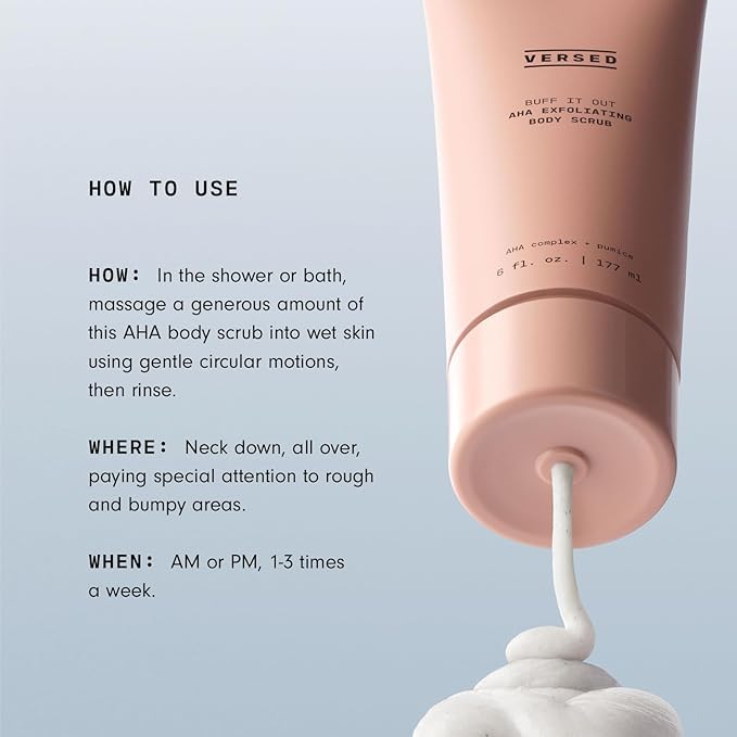Versed Buff It Out AHA Exfoliating Body Scrub and Mask - Lactic Acid & Glycolic Acid Exfoliant - Microfine Pumice Body Exfoliator to Polish and Smooth Bumpy, Dry Skin - Vegan & Cruelty-Free (6 oz)