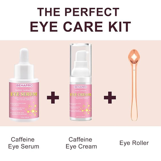 Caffeine Eye Cream,Dark Circles Under Eye Treatment For Puffiness And Bags Under Eyes Wrinkles Dark Circles w/Eye Serum & Eye Roller,Eye Cream Eye Care,Eye Bag Remover Puffy Eyes Treatment Products
