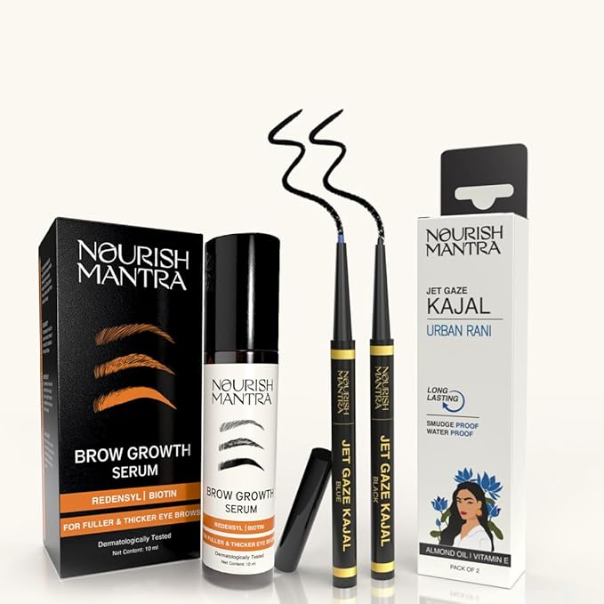 Nourish Mantra Eyebrow Growth Serum 10 ml & Jet Gaze Kajal Urban Rani - Combo - Black & Black