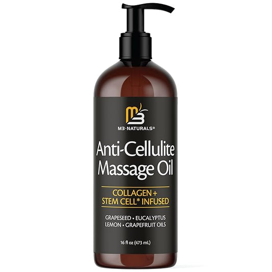 Anti Cellulite Massage Oil - Body Oil and Massage Oil for Massage Therapy | Infused with Collagen and Stem Cell Skin Tightening Cellulite Cream and Massage Lotion for Women 16 Fl Oz by M3 Naturals