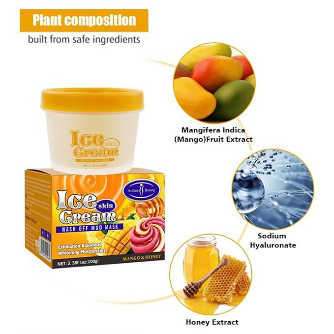 AICHUN BEAUTY Ice Cream Facial Wash Off Mud Mask Oil-Control Deep Cleaning Moisturizing Exfoliation Blackhead Skin Care 100g 3.38FL. OZ (MANGO&HONEY)