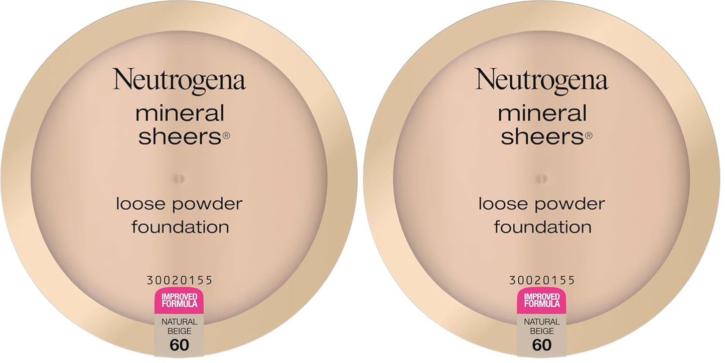 Neutrogena Mineral Sheers Lightweight Loose Powder Makeup Foundation with Vitamins A, C, & E, Sheer to Medium Buildable Coverage, Skin Tone Enhancer, Face Redness Reducer, Natural Beige 60,.19 oz