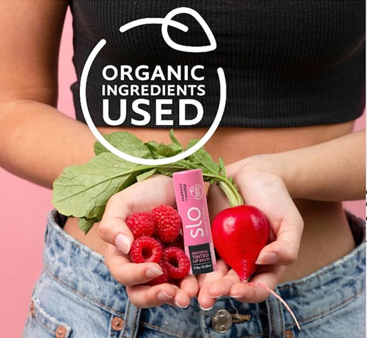 Slo | Natural Lip Balm - All Natural Ingredients, Vegan & Cruelty Free, Hydrating & Soothing, Plastic Free, Paper Packaging | Raspberry + Rosehip, (0.28oz/8g)