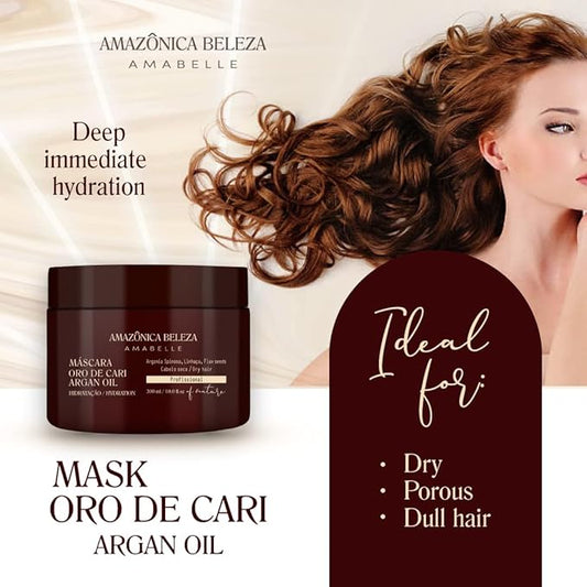 AMAZONICA BELEZA Oro de Cari Hair Mask, Intensive Hydration for Dry Hair with Argan Oil and Vitamin E, Professional Line, 10 Oz