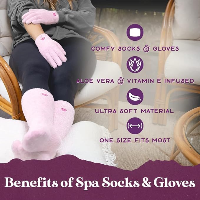 Moisturizing Socks and Gloves Set | Pink Fuzzy Socks and Gloves with Aloe and Vitamin E for Women | Women's Gifts for Self-Care