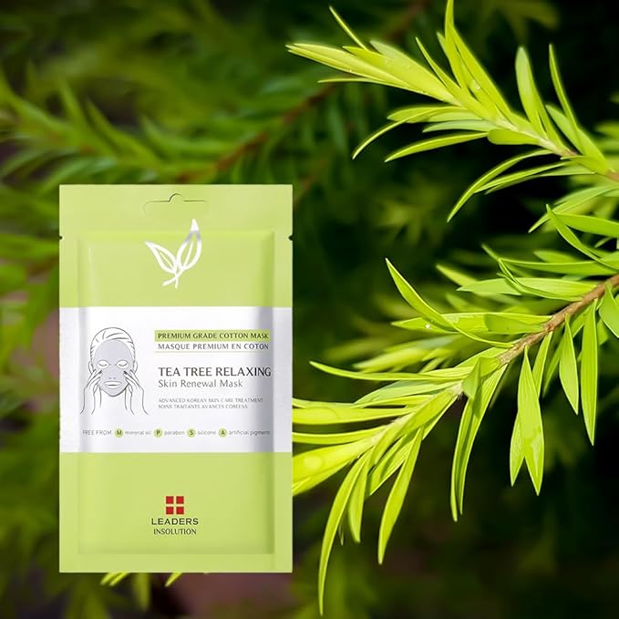 Leaders Insolution Tea Tree Relaxing Skin Renewal Mask | Soothing Facial Sheet for Acne, Oil Control, and Sensitive Skin | Hydrating Botanicals | Calms Redness, Smooth (10 Sheets)