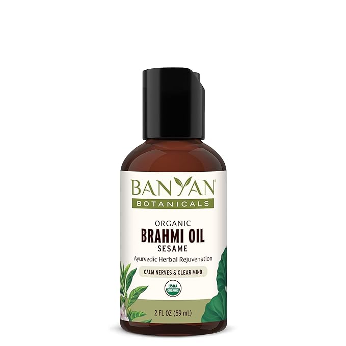 Banyan Botanicals Brahmi Oil with Sesame Base – Organic Ayurvedic Massage Oil with Gotu Kola and Bacopa ­­– Calming Massage Oil for Focus & Relaxation – 2 oz – Non GMO Sustainably Sourced Abhyanga Oil