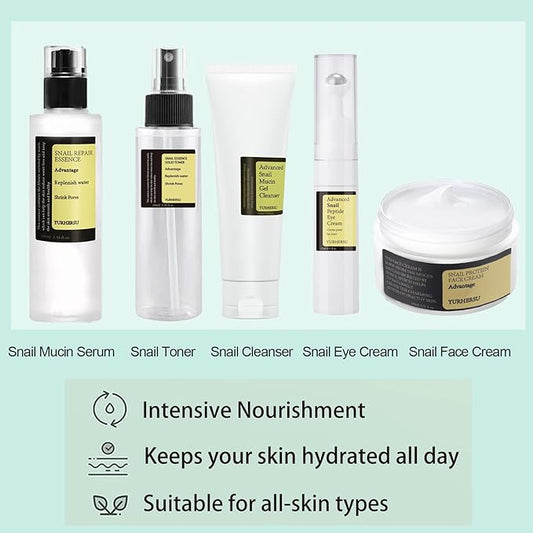 All About Snail Mucin Kit - Snail Korean Skincare 5-Pack, Snail Skin Care Products Set: Face Gel Cleanser, Serum, Cream, Toner, Eye Cream Facial Kit for Women & Men Hydrating & Anti-Aging