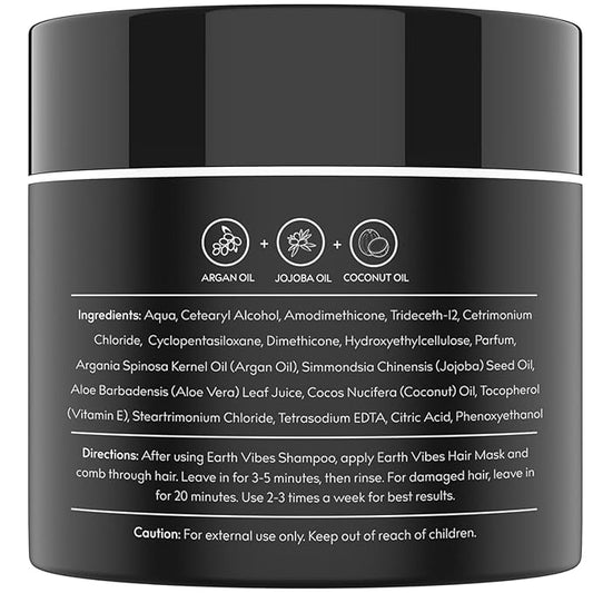 Earth Vibes Hydrating Argan Oil Hair Mask Conditioner - Deep Conditioning & Moisturizing - Hair Treatment For Dry Damaged Hair - Sulfate Free - Organic Jojoba Oil, Coconut Oil (8 Oz/226g)