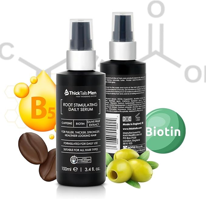 Men’s Root Stimulating Leave-In Serum for Thicker, Fuller-Looking Hair – Daily Vegan Hair Strengthener with Biotin, Caffeine & Saw Palmetto – Lightweight, Fast-Absorbing Formula