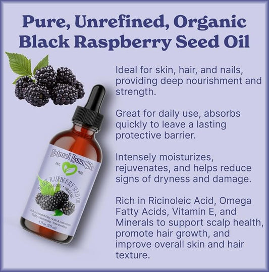 4oz Black Raspberry Seed Oil, 100% Pure and Natural, Cold-Pressed, Unrefined, Organic, for Healthy Skin and Hair - Includes Pump & Dropper