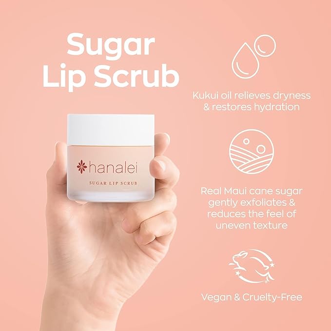 Hanalei Vegan Sugar Lip Scrub Exfoliator - Hawaiian Cane Sugar, Kukui Oil & Shea Butter for Smooth, Hydrated Lips - Natural, Cruelty-Free Lip Care, Removes Dry Skin, Moisturizes & Softens (22g)