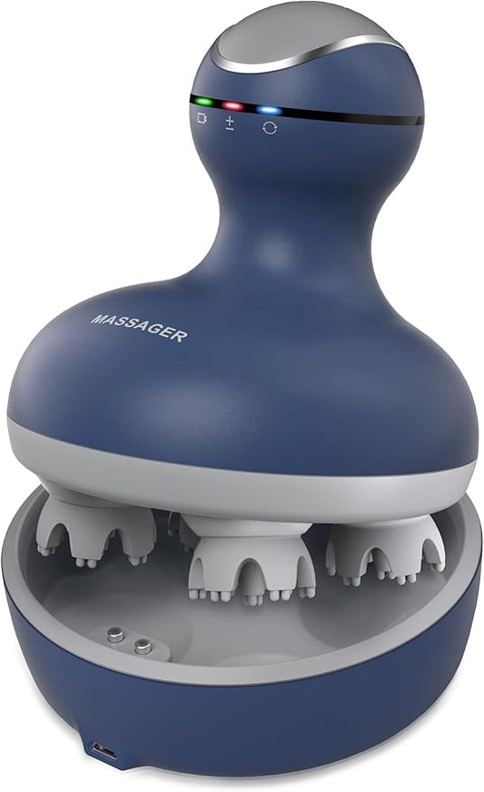 cotsoco Electric Scalp Head Massager, Scalp Hair Massage Waterproof Head Massager with 4 Heads 84 Nodes for Hair Growth and Stress Release Massage Blue