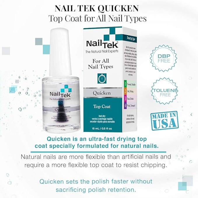 Nail Tek Quicken Quick Dry Top Coat Nail Polish for All Nails Types, 0.5 oz, 2 Pack