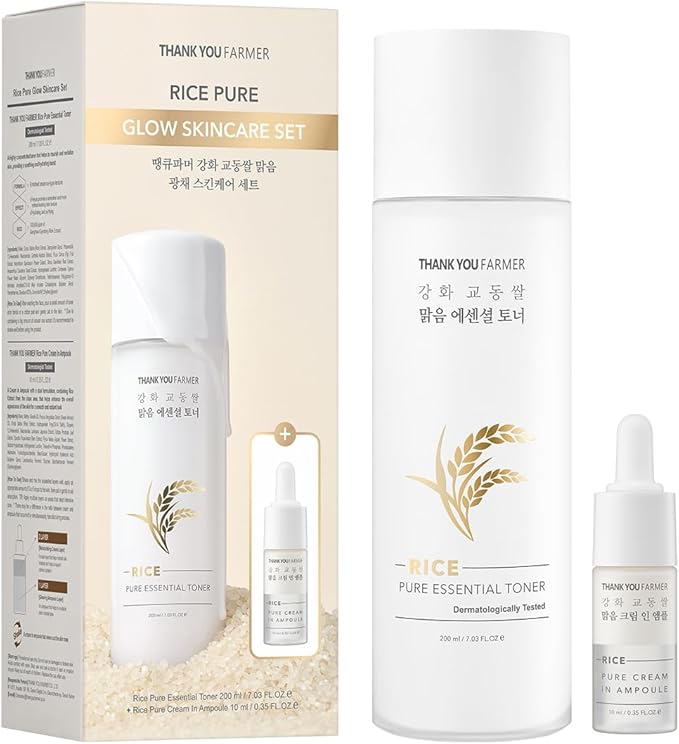 THANKYOU FARMER Rice Pure Skincare Set, Full Size Toner(7.03 fl oz) + Mini Size Ampoule(0.35 fl oz) Korean Skincare Set, Glass Skin Korean Skincare