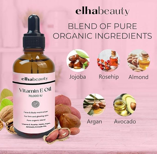 Elhabeauty Vitamin E Oil 70,000 IU, Face & Body Moisturizer, with Rosehip, Jojoba, Almond and Avocado Oils, for a firm and healthy Skin, 3.88 fl oz