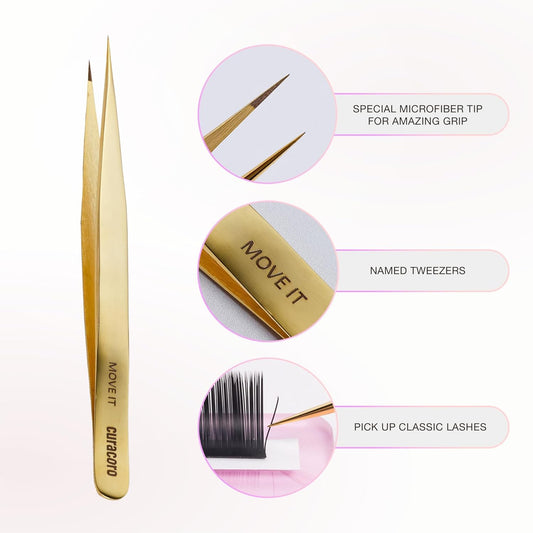 Curacoro Lash Tweezer - Professional & Precision Fiber Tip Grip Lash Tweezers for Eyelash Extensions, Multi Shapes & Purposes Tweezers for Volume, Isolation & Classic Lashes (Gold, Move It)
