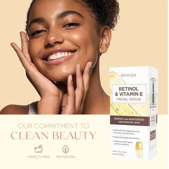 Retinol & Vitamin E Face Serum - 1.69 Fl. oz, Cruelty-Free, Reduces Acne Scars, Wrinkles, Anti-Aging, Skin Renewal, Hydrating, Korean Beauty