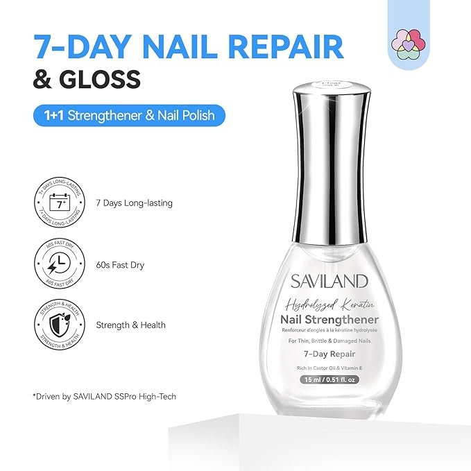 SAVILAND Advanced Nail Strengthener: Clear Air Dry Nail Growth for Damaged Nails Nail Polish Strengthening Repair Weak & Thin Nails Treatment with Castor Oil & Vitamin E 15ml Women Gift