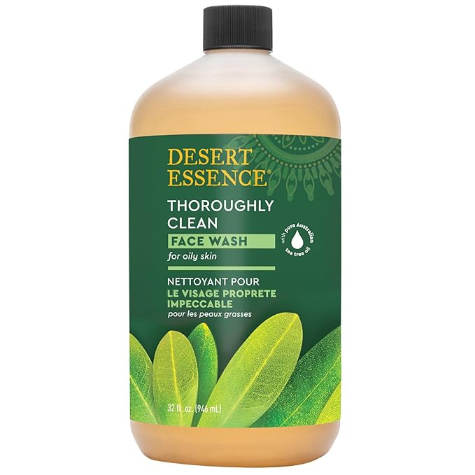 Desert Essence Thoroughly Clean Face Wash with Tea Tree Oil, Castile Soap and Coconut Oil - Organic Facial Cleanser for Sensitive and Oily Skin, Vegan & Cruelty-Free, 32 fl oz