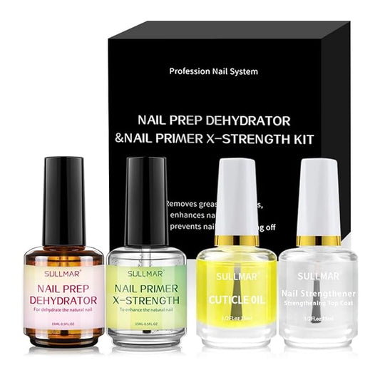15ml Nail Prep Dehydrator&Nail Primer X-Strength Set, Nail Primer and Dehydrator for Acrylic Nails Nail Bonding Nail Care Kit with Nail Cuticle Oil and Nail Strengthener