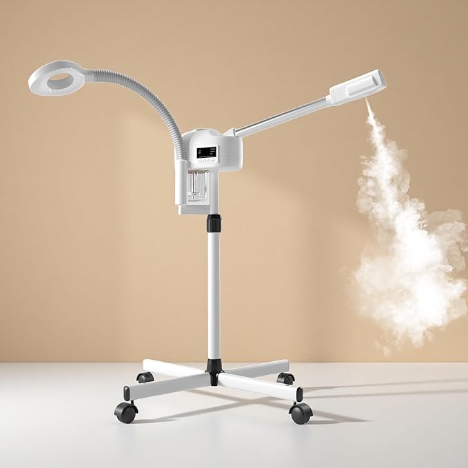 Facial Steamer with Magnifying Lamp, Face Steamer for Esthetician, 2 in 1 Facial Steamer Professional, Face Steamer for Facial Deep Cleaning（White）.