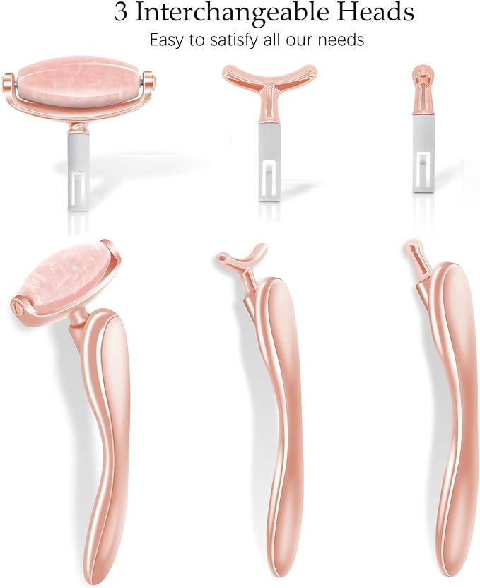 I·B·N G Jade Face Roller, Facial Rollers for Women, Face Massage Skin Care Beauty Tools with 3 Interchangeable Heads (Pink+Rose)
