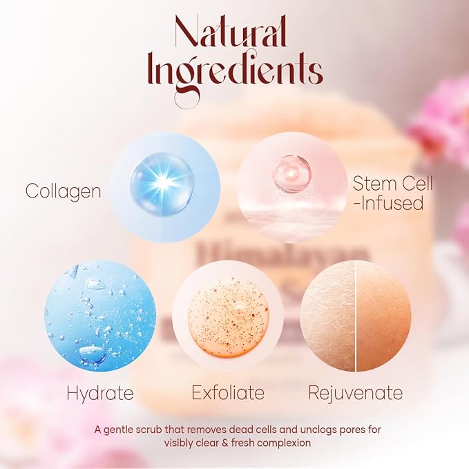 Himalayan Salt Body Scrub 12 oz - with Collagen and Stem Cells - Exfoliating Salt Scrub for Cellulite - Deep Cleansing for Acne, Scars, Wrinkles - Moisturizes Skin