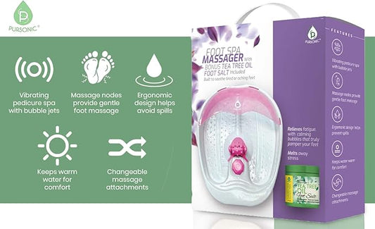 Pursonic Foot Spa Massager with Vibrating Bubbles & Tea Tree Oil Foot Salt Scrub with Epsom Salt 10oz Gift Set, Melts Away Stress and Revitalizes Tired Feet,Pink