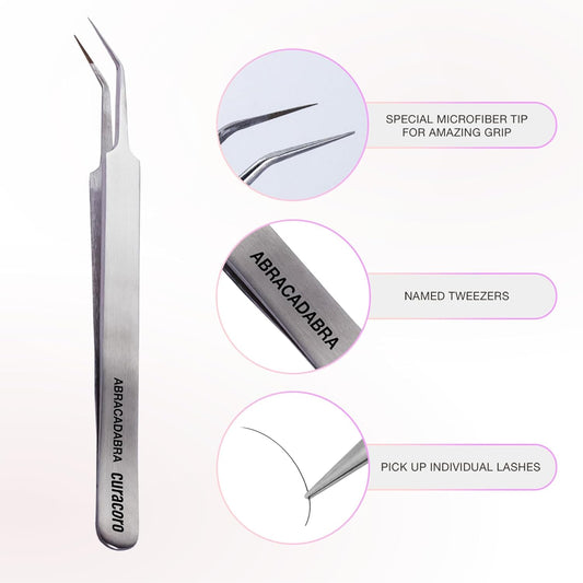 Curacoro Lash Tweezer - Professional & Precision Fiber Tip Grip Lash Tweezers for Eyelash Extensions, Multi Shapes & Purposes Tweezers for Volume, Isolation & Classic Lashes (Silver, Abracadabra)