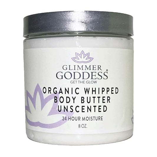 GLIMMER GODDESS Organic Whipped Body Butter - Unscented, Vegan, 24 hour Hydration, Reduces Stretch Marks, For Eczema and all Skin Types, Baby Friendly, Organic Ingredients 8 oz
