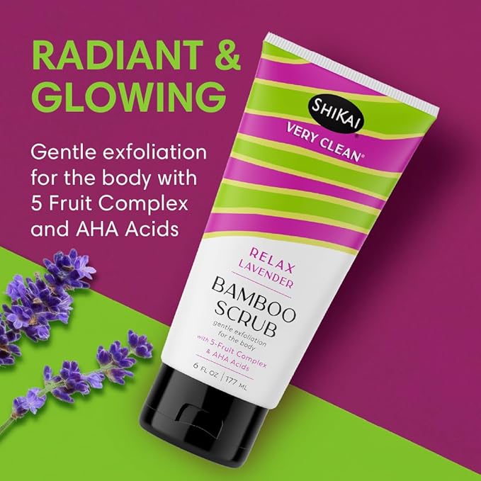 ShiKai Very Clean Bamboo Body Scrub (Relax Lavender, 6 oz) | Gentle Hydrating & Exfoliating Skin Cleanser | With 5 Fruit Complex & AHA Acids