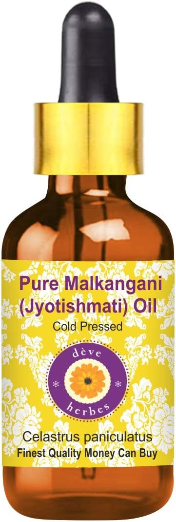 dève herbes Pure Malkangani (Malkangani/Jyotishmati Oil (Celastrus paniculatus) with Glass Dropper Cold Pressed 30ml (1 oz)