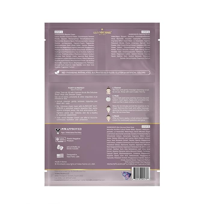 LuxaDerme Purify & Protect 3 Step Tune-Up Kit - Cleansing Scrub, Bio Cellulose Sheet Mask, Booster Cream (Pack of 5)