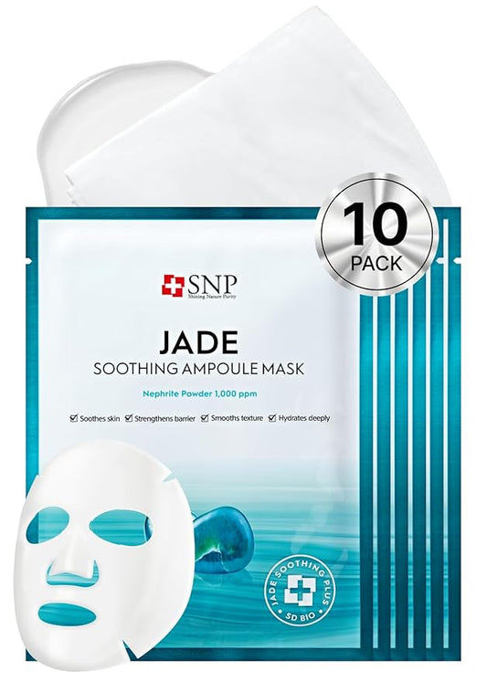SNP [K Beauty Jade Soothing Ampoule Sheet Mask | Cleansing and Purifying All Sensitive Skin Types | Calming, Hydrating, and Moisturizing Facial Skin | Korean Face Masks Skincare | 10 Sheets