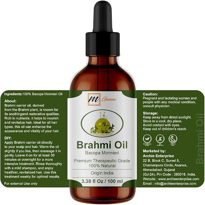 Natural Brahmi Oil 3.38 Fl Oz / 100 ml for Skin Care, Hair Care, Scalp Massage & Body Massage